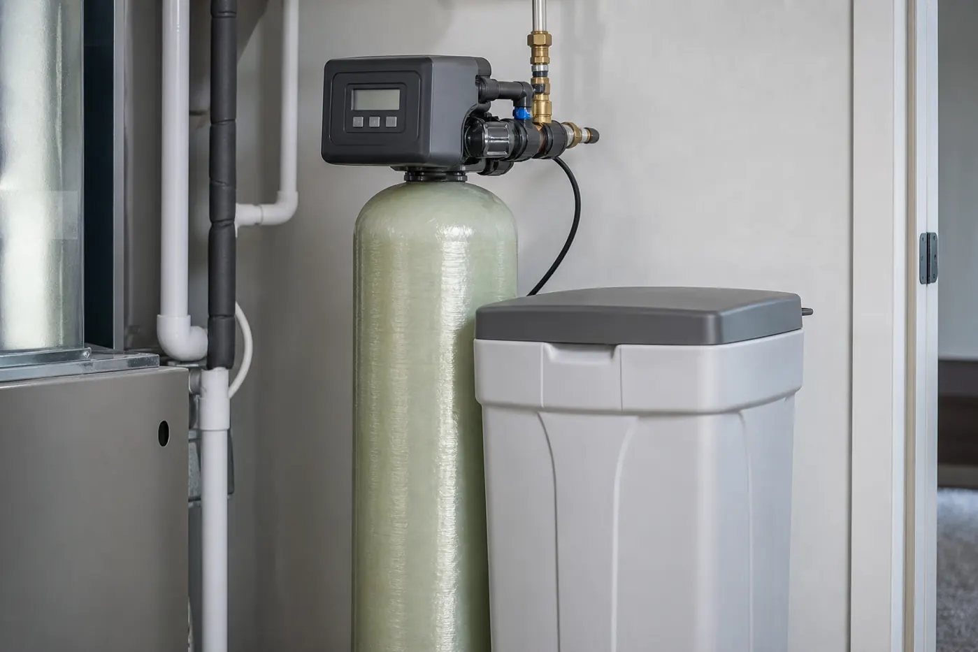 Neutral residential water softener equipment installed in a utility room