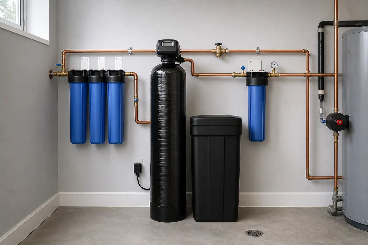 Neutral whole-home water filtration equipment in a residential utility room